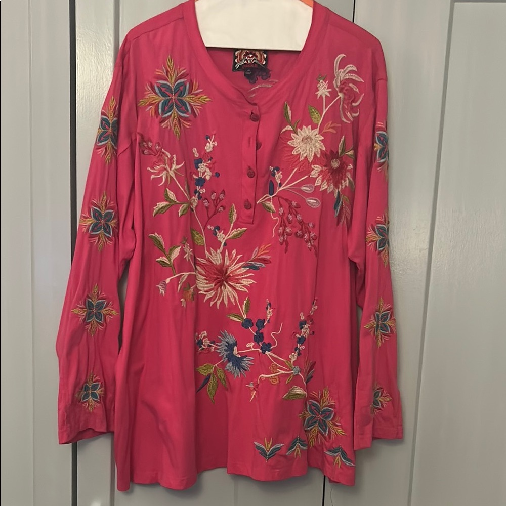 Johnny Was Pink Embellished Blouse with Mandarin Collar